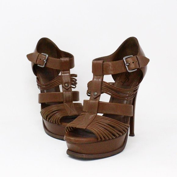 YSL #36155 Brown Leather Tribute T-Strap Platform Heels (US 8 EU 38)